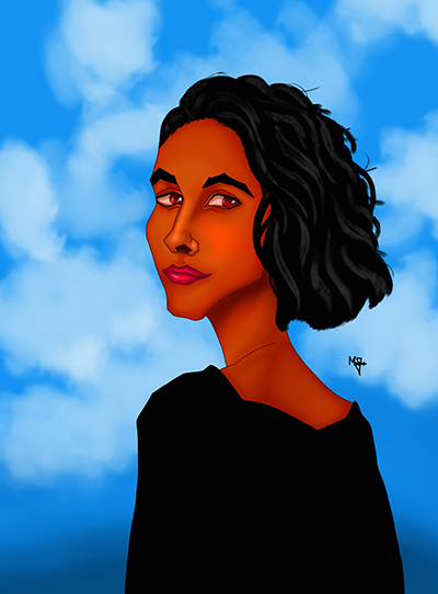 This art was inspired by cloudy blue skies and a beautiful african woman